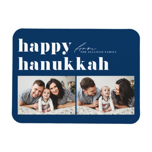 Ímã Blue Retro Typografia Happy Hanukkah Foto Dois (Horizontal)