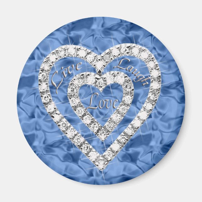 Imã Blue Round Live Laugh Love Diamond Heart Magnet (Frente)