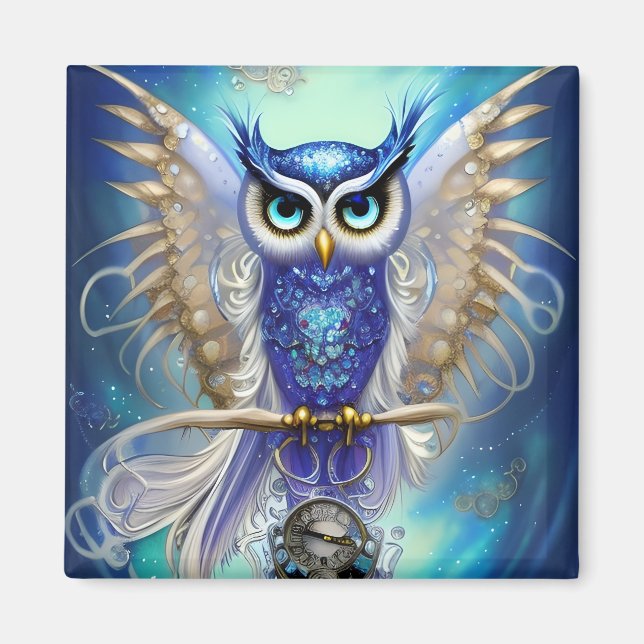 Imã Blue Steampunk Owl (Frente)