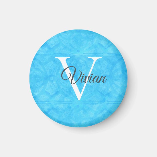 Imã Blue Watercolor Monogram Name (Frente)