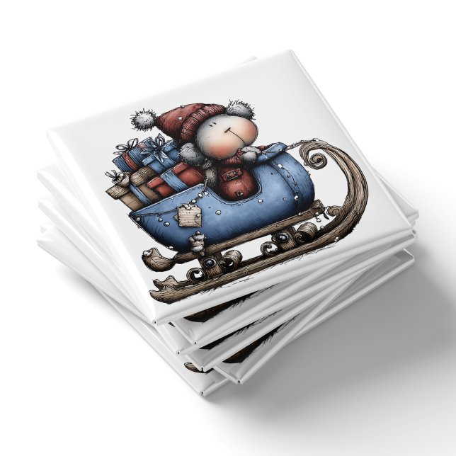 Imã Blue Whimsical Polar Bear Sled | Christmas Magnet (Blue Whimsical Polar Bear Sled Christmas Magnet by PiggyPrint Stickers.)