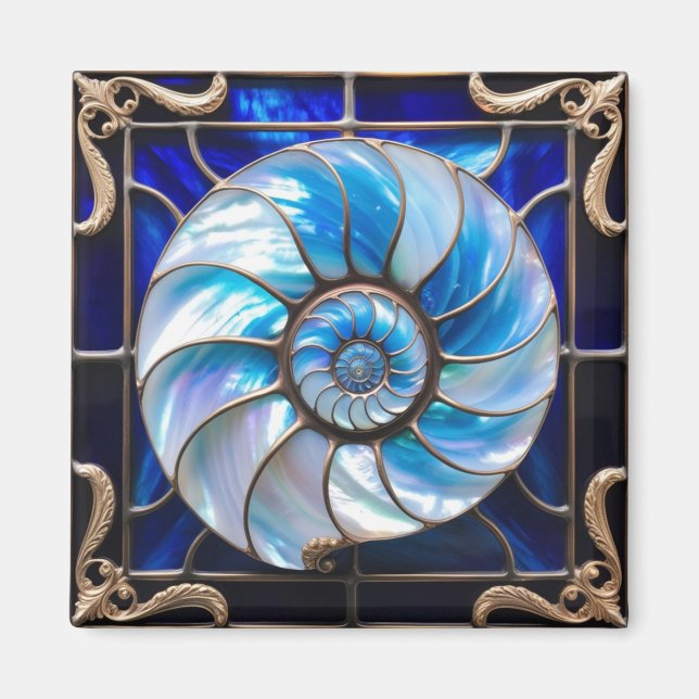Imã Blue/White Faux Stained-Glass Nautilus Shell 3 (Frente)