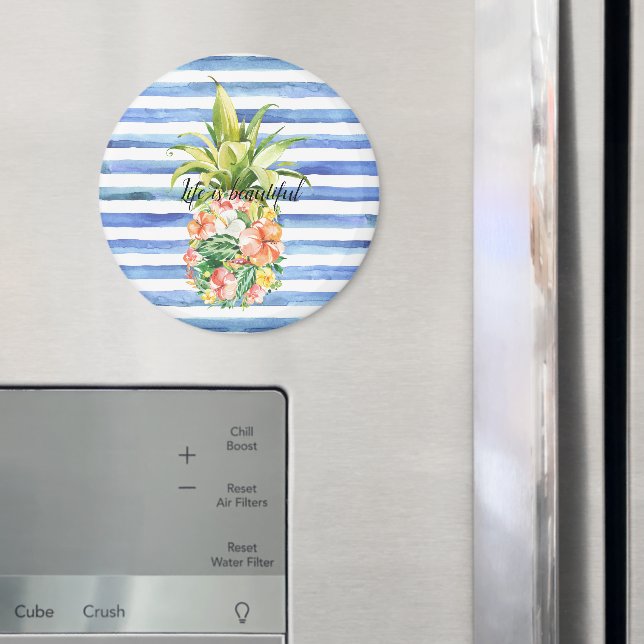 Imã Blue White Stripes Tropical Floral Pineapple (In Situ (Fridge))