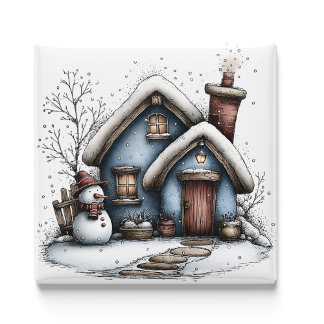 Imã Blue Winter Cottage Christmas Magnet