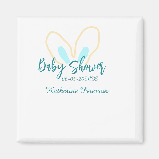 Imã Blue yellow baby shower name date animal ear cute  (Frente)