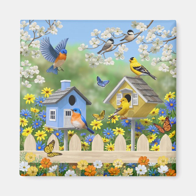 Imã Bluebird Goldfinches Birdhouses Fllower Garden (Frente)