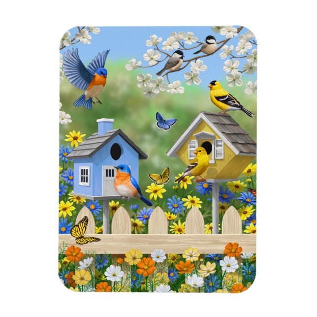 Ímã Bluebird Goldfinches Birdhouses Fllower Garden (Vertical)