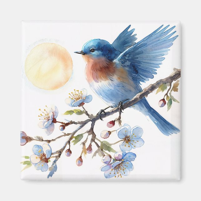 Imã Bluebird on Blossom Branch Square Magnet (Frente)