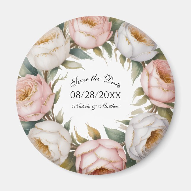 Imã Blush and Ivory Rose Floral Save the Date (Frente)