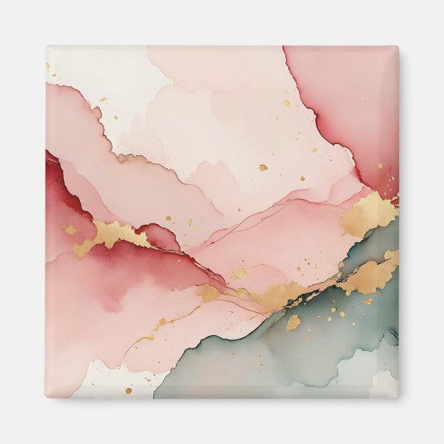 Imã Blush Rosa Azul Turquesa Dourado Abstrato (Frente)