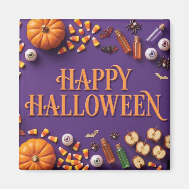 Imã Boas Vindas de Halloween em Flat Lay sobre Roxo  (Frente)