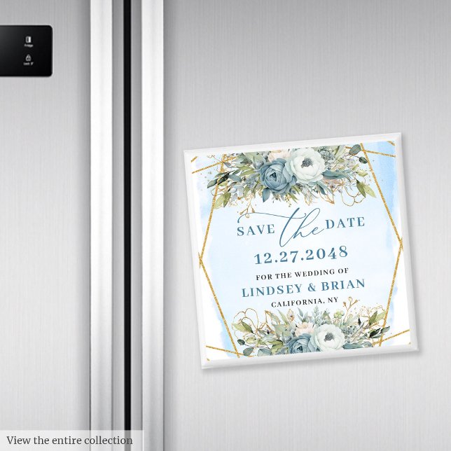 Imã Boho Azul Desbotado Peônia Floral Branco Salvar a  (Boho Dusty Blue White Peony Floral Save the Date)