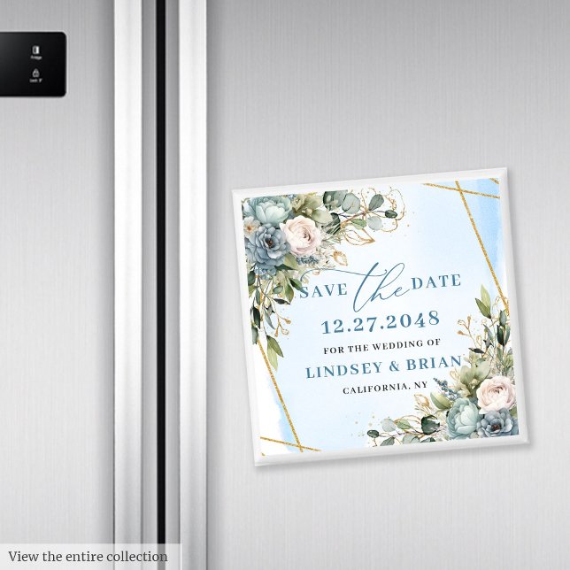 Imã Boho Azul Floral Dourado Sem Data Atemporal Salvar (Timeless Blue Floral Gold Frame Save The Date Magnet

)