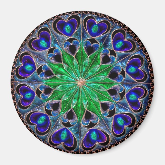 Imã Boho Blue Green Heart Mandala Magnet (Frente)