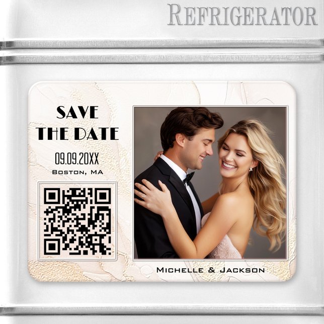 Ímã Boho Chic Photo QR Code Salvar Data (Modern Save the Date magnet featuring your photo on an artistic ivory and peach boho chic design)