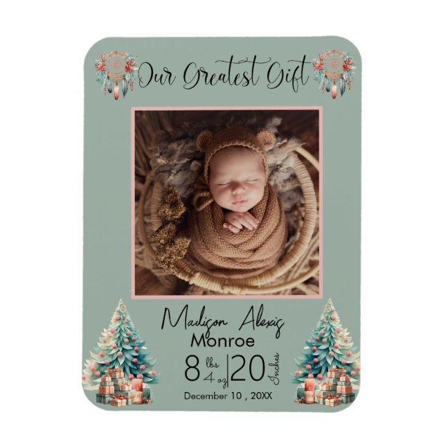 Ímã Boho Christmas Baby Stats Birth Announing (Vertical)