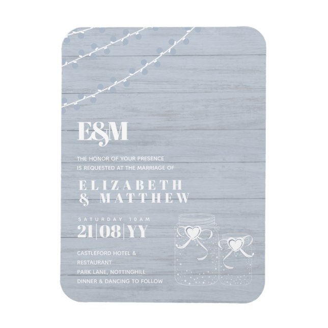 Ímã BoHO Dusty Blue Driftwood Casamento Mason Jars (Vertical)