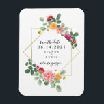 Ímã Boho Floral Botânico Salva A Data<br><div class="desc">Um elegante casamento rústico salve o ímã de datas com um design floral botânico inspirado pela aquarela em volta de um quadro geométrico com texto preto. Procure por convites de casamento e outros itens de coordenação na Paperie de Jill.</div>