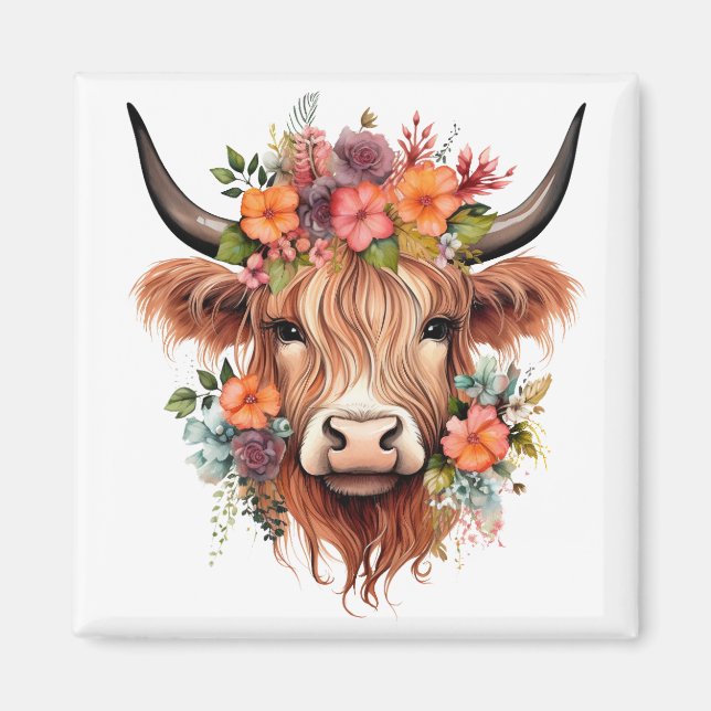 Imã Boho Floral Scottish Highland Cow Western Flowers (Frente)