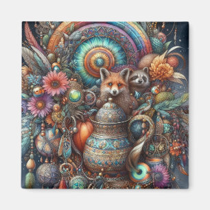 Imã Boho Fox Raccoon Floral Design