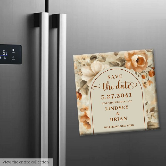 Imã Boho Moderno Data de Casamento Floral Oliva Marfim (Trendy Boho Copper Ivory Olive Floral Save Date magnet )