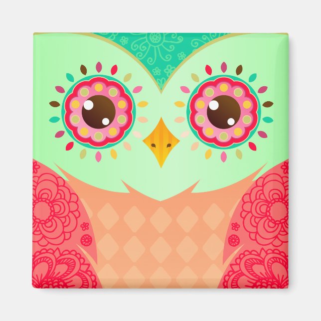 Imã Boho Red & Green Owl (Frente)
