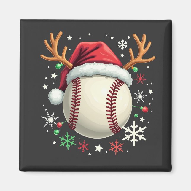 Imã Bola de beisebol com chifres de rena e Natal  (Frente)
