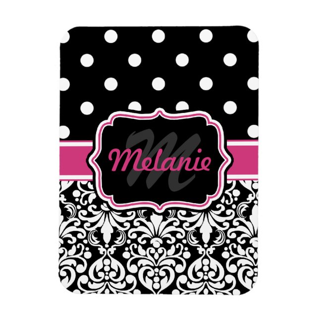Ímã Bolinhas preto, rosa quente, monograma, de máscara (Vertical)