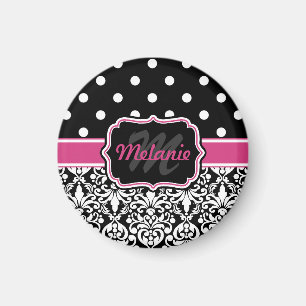 Imã Bolinhas preto, rosa quente, monograma, de máscara