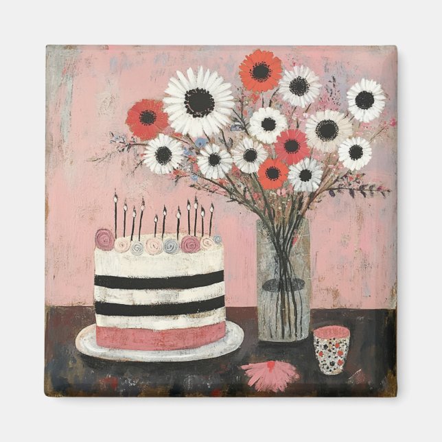 Imã Bolo de Aniversário Chic e Flores de Gerbera (Frente)