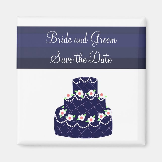 Imã Bolo de Casamento Azul Marinho Save the Date (Frente)