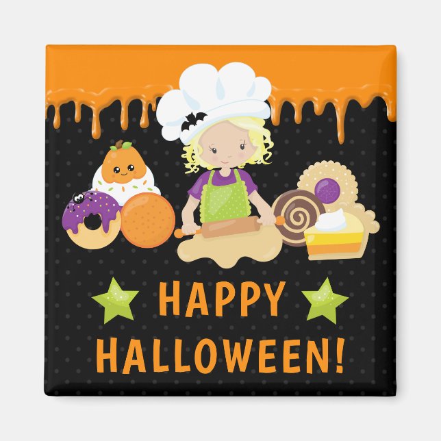 Imã Bolos de Halloween e Menina Loira Assando (Frente)