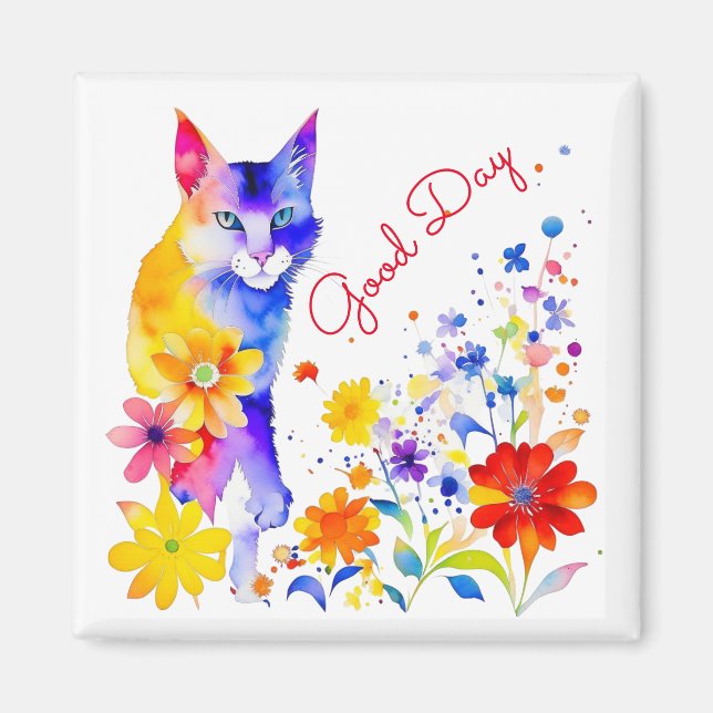 Imã Bom Dia | Gato e Flores em Aquarela  (Frente)