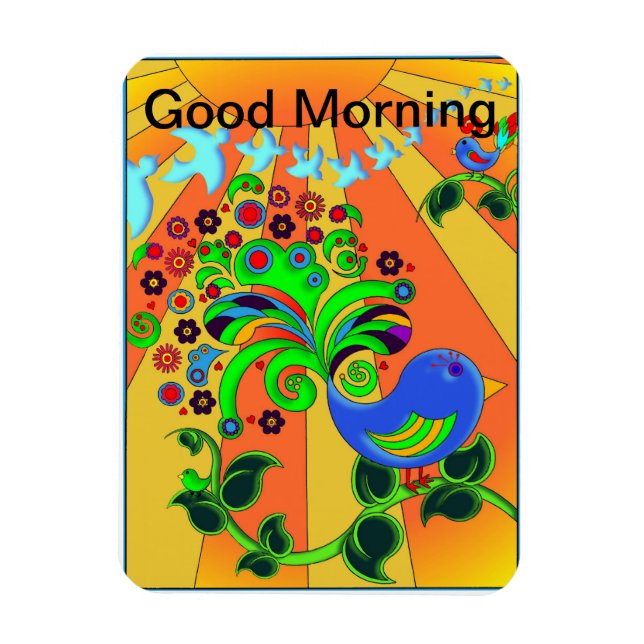 Ímã Bom dia, nascer do sol com pássaro (Vertical)