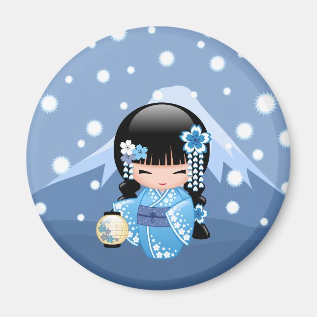 Imã Boneca de inverno Kokeshi - Garota Geisha Blue Mou (Frente)