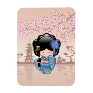 Ímã Boneca de Keiko Kokeshi - menina de gueixa azul do