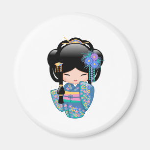 Imã Boneca de Keiko Kokeshi - menina de gueixa azul do