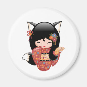 Imã Boneca de Kitsune Kokeshi - menina do Fox preto