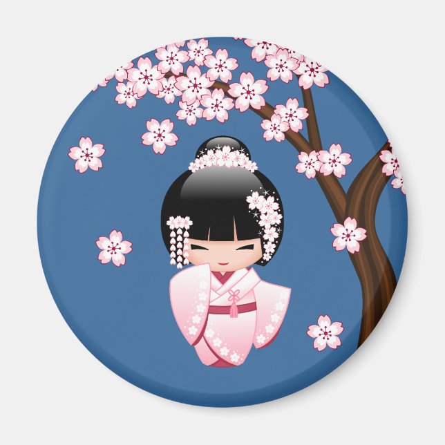 Imã Boneca Kawaii Kokeshi em Quimono Rosa em Círculo A (Frente)
