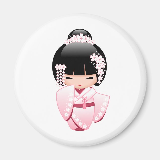 Imã Boneca Kawaii Kokeshi Quimono Rosa (Frente)