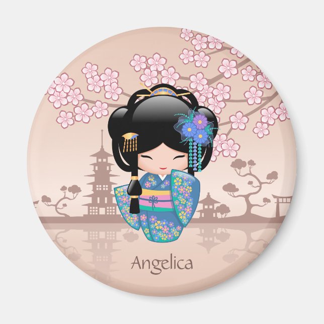 Imã Boneca Keiko Kokeshi - Rapariga Kimono Geisha Azul (Frente)
