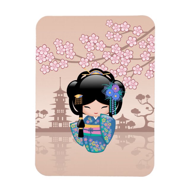 Ímã Boneca Keiko Kokeshi - Rapariga Kimono Geisha Azul (Vertical)