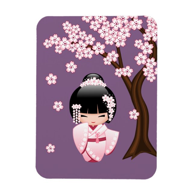 Ímã Boneca Kokeshi de Quimono Branco - Garota Geisha F (Vertical)