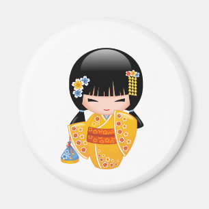 Imã Boneca Kokeshi de Verão - Garota Geisha com Quimon