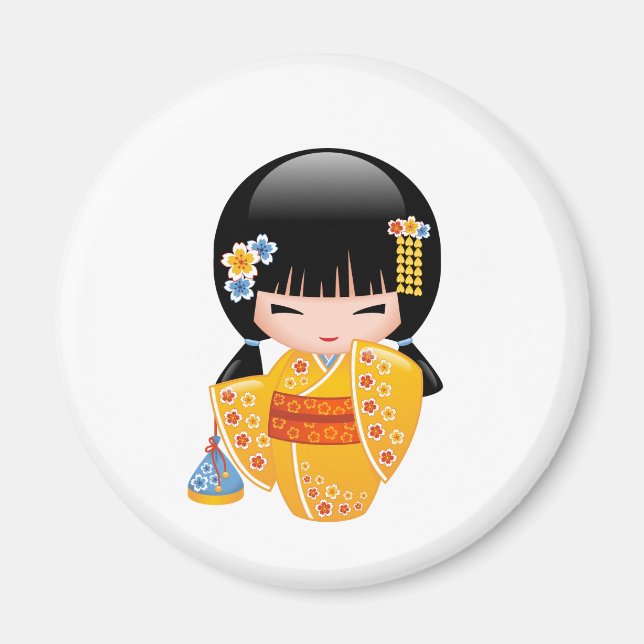 Imã Boneca Kokeshi de Verão - Garota Geisha com Quimon (Frente)