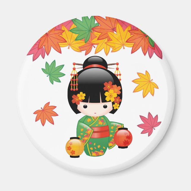 Imã Boneca Kokeshi verde Kimono Geisha (Frente)