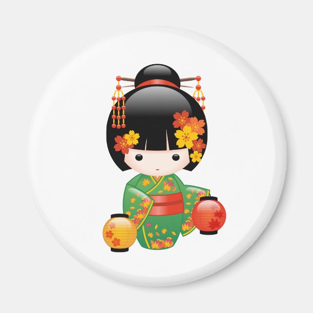 Imã Boneca Kokeshi verde Kimono Geisha (Frente)