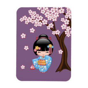 Ímã Boneca Maiko Kokeshi - Menina Kimono Geisha Azul