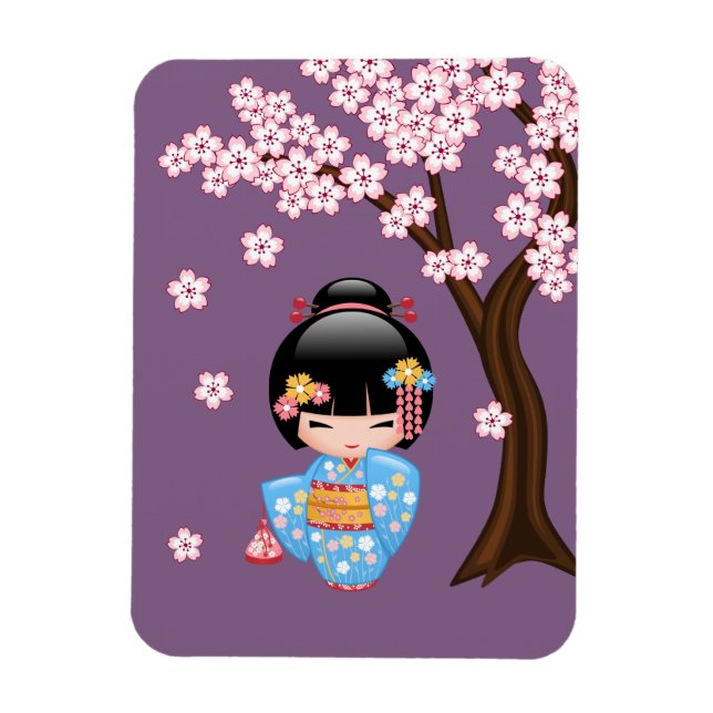 Ímã Boneca Maiko Kokeshi - Rapariga Kimono Geisha Azul (Vertical)