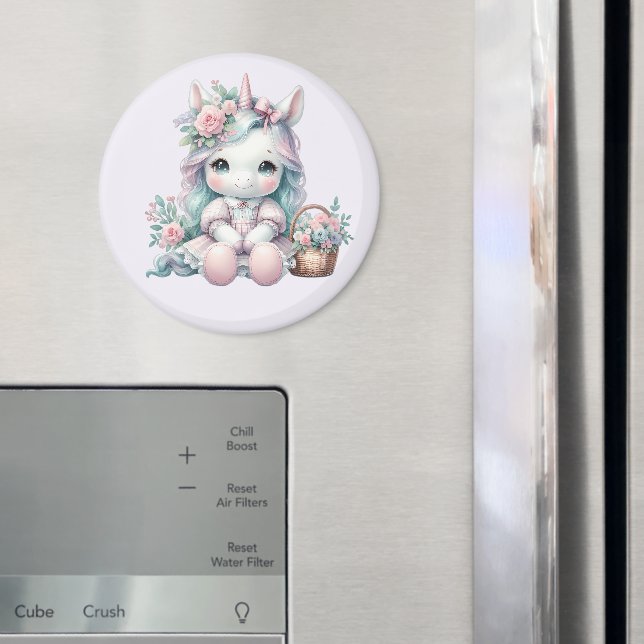 Imã Boneca Pastel Kawaii Unicórnio com Cesto de Flores (In Situ (Fridge))